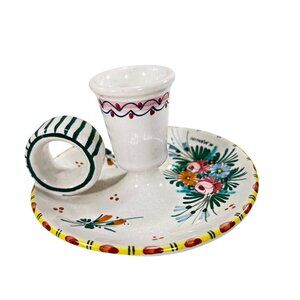 Italian Hand Painted Ceramic Candle Holder Signed N Mancini Floral Handle